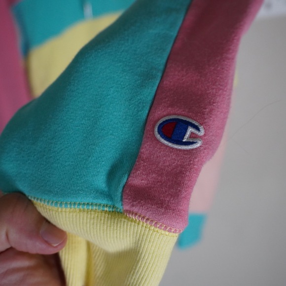 Champion Classic Fleece Pullover Hoodie Small Color Block Pink Yellow Blue - Picture 4 of 9